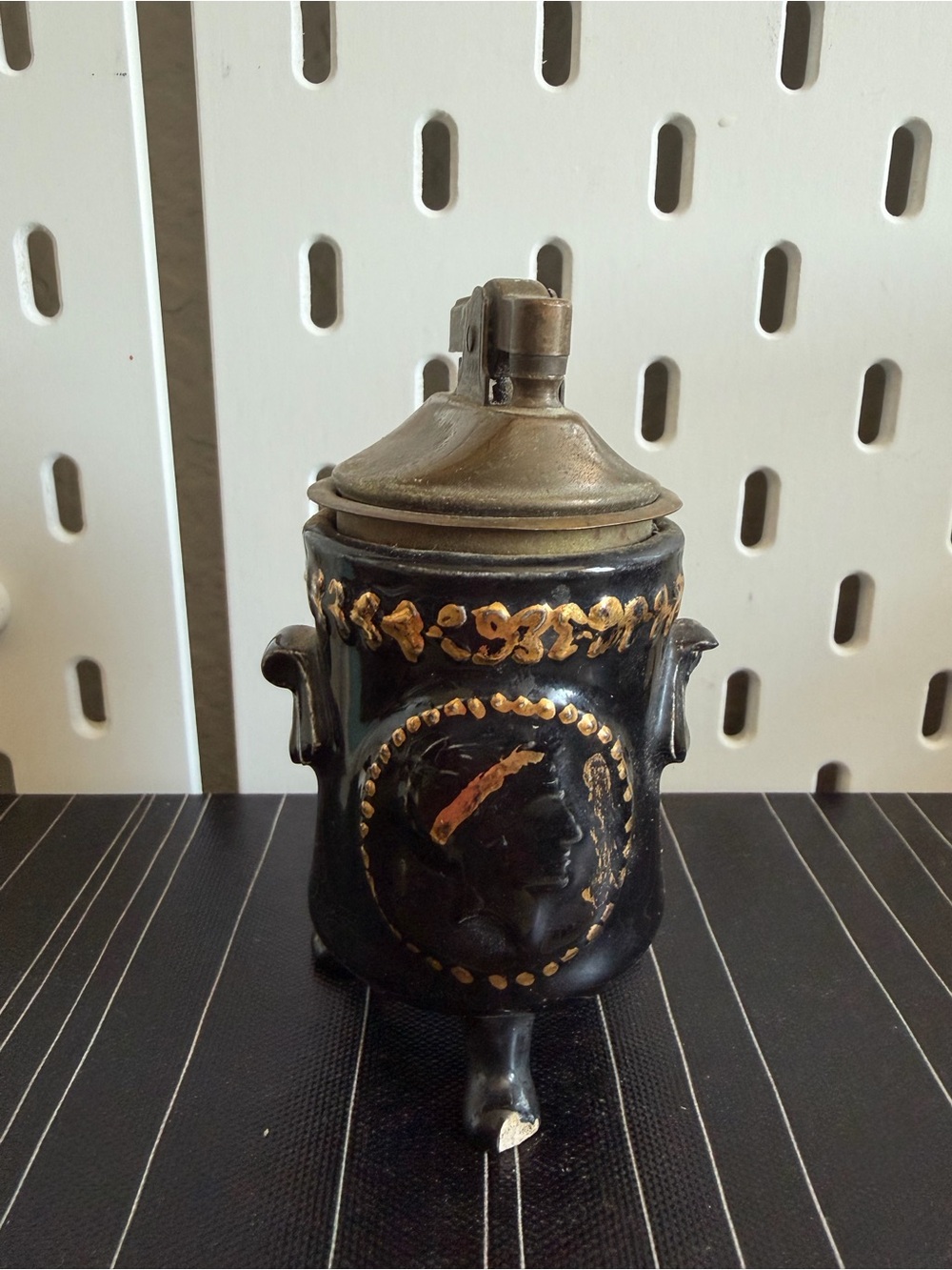 Vintage Japan Ceramic Table Lighter Black Gold Figural MCM
